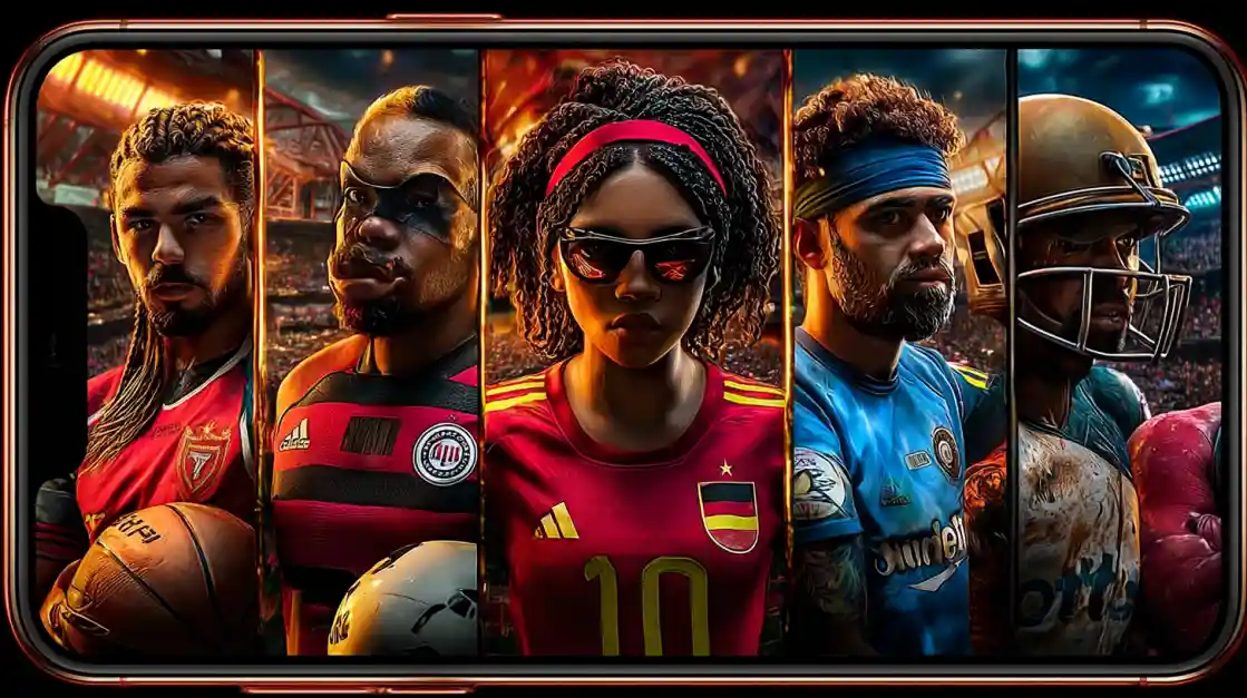 A smartphone screen displays a powerful collage of diverse male and female athletes from various sports, including football and soccer, representing the comprehensive sports betting options at ck666.