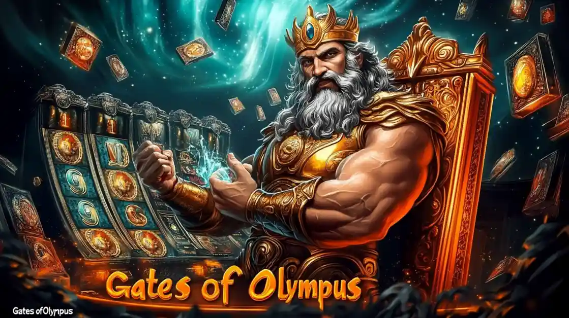 A majestic Zeus figure on a golden throne, surrounded by floating cards and a ck666 slot machine, with Gates of Olympus prominently displayed, inviting players to a mythical gaming experience.