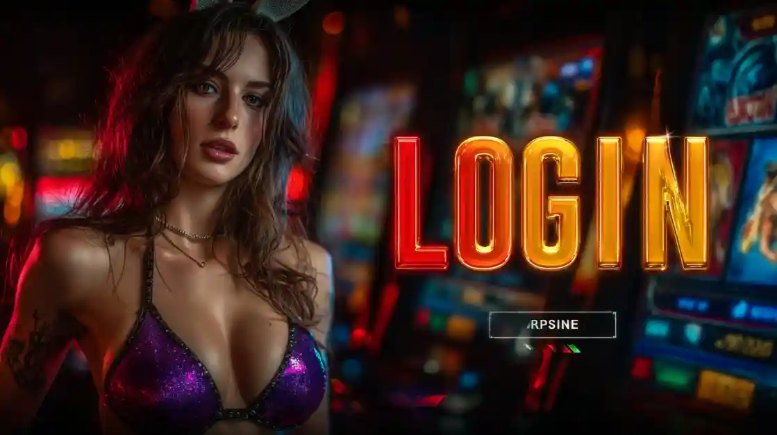 A captivating woman in a shimmering top stands beside a prominent LOGIN interface, with ck666 slot machines softly blurred in the background, inviting users to enter the world of ck666.