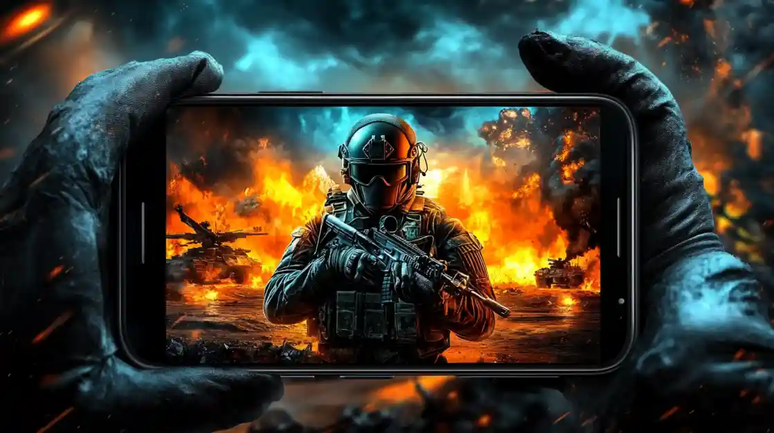 Hands holding a smartphone displaying an intense military shooter game with a soldier amidst explosions and tanks, showcasing the immersive action available on ck666.