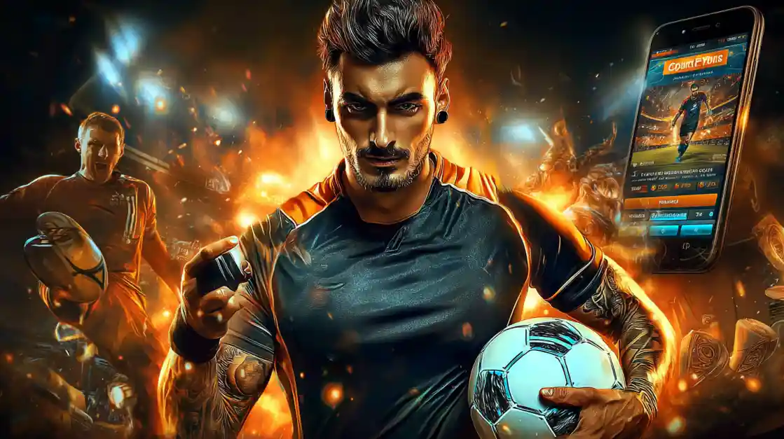 An intense male soccer player with tattoos holds a football, looking confidently at the camera with a ck666 sports betting app on a phone beside him, all set against a fiery action background.