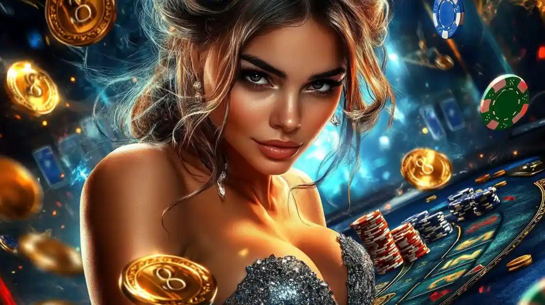 A beautiful woman in a glittering dress gives a captivating look while at a ck666 casino table, surrounded by floating gold coins, casino chips, and a roulette wheel.