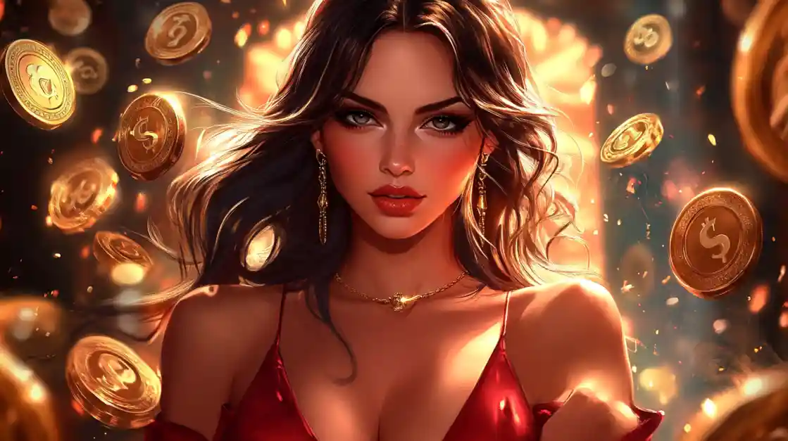A stunning woman in a red dress, adorned with delicate jewelry, looks directly at the viewer as a shower of golden ck666 coins rains down around her, symbolizing big wins.