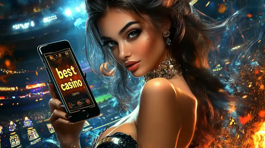 An alluring woman holds a smartphone with the best casino app from ck666 glowing on the screen, set against the backdrop of a brightly lit stadium and ambient flames.