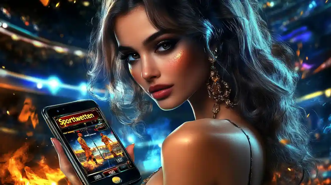 A glamorous woman with elegant makeup looks over her shoulder, holding a smartphone displaying the ck666 sports betting app against a vibrant stadium backdrop with fire effects.